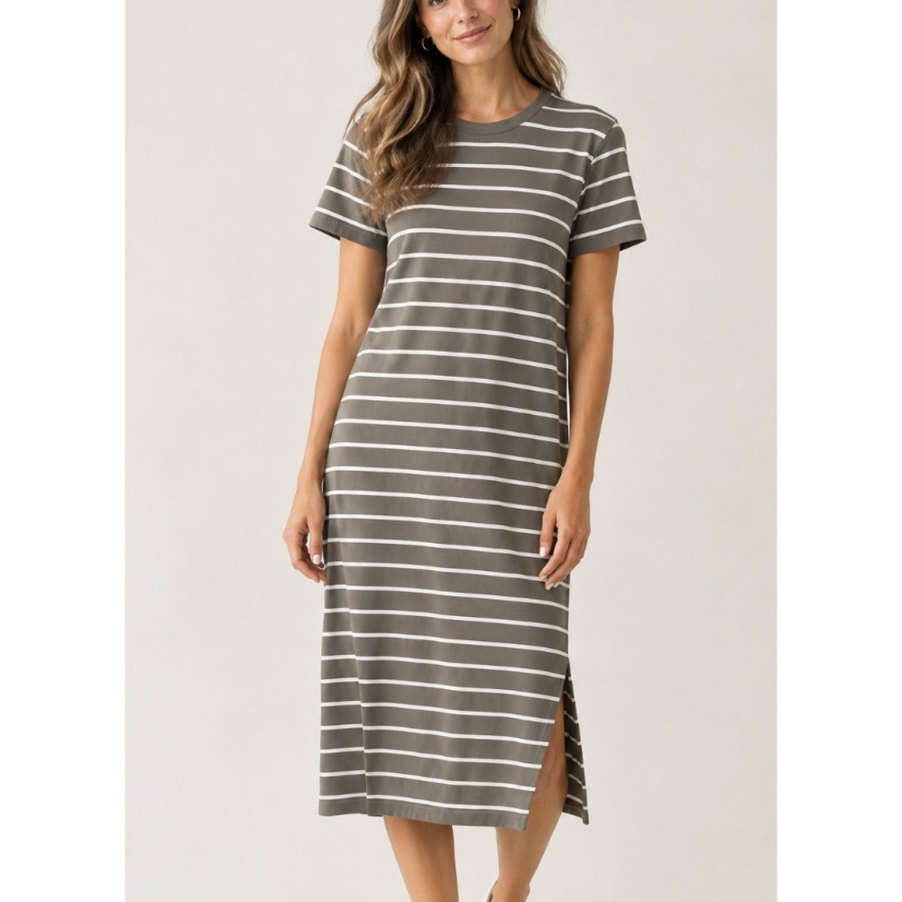 AYR The Practice T-Shirt Dress in Striped Olive Brown White sz M